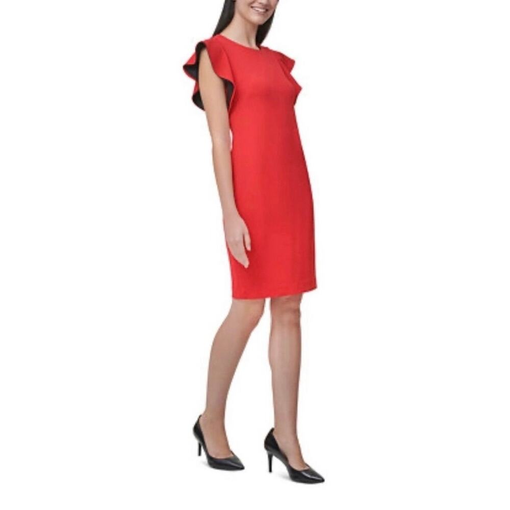 Calvin Klein Ruffle Sleeve Crew Neck Dress Size 10 Coral Orange